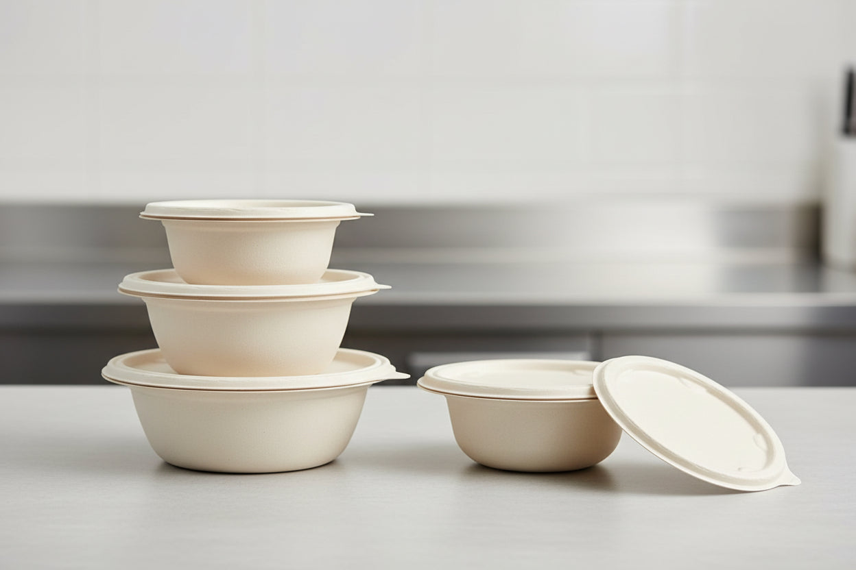 Set of three beige ceramic bowls stacked on a white background